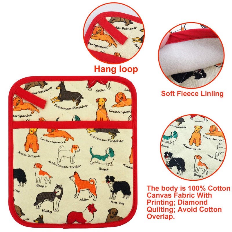 RED LMLDETA Pot Holders Set of 2 Heat Resistant 480â„‰ Kitchen 100% Cotton Comfortable Lining Printing Dog Flower Women Men Home Cooking Baking Microwave BBQ Gift(Dog) - Image 2